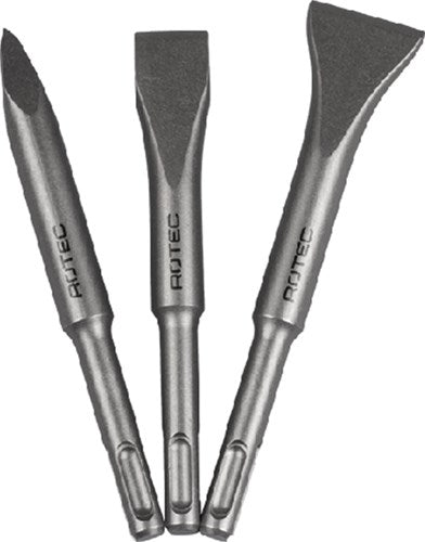 Jeu de 3 burins Rotec SDS+140 long, pointe, plat 20 mm, bêche 30 mm - 2150100