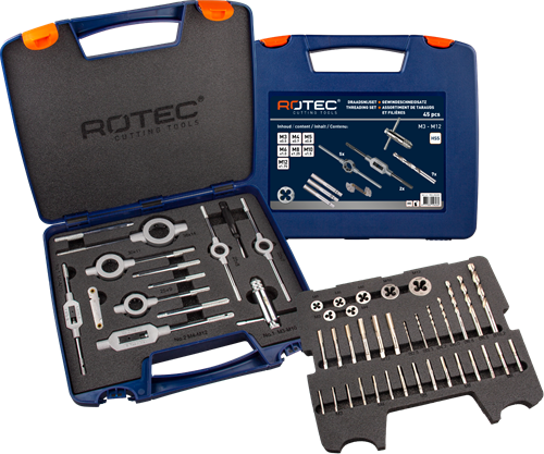 Rotec 900.2020k | jeu de plaques de taraudage et de découpe manuelles | métrique | en cas d'abdos | 45 pièces. - 900,2020k