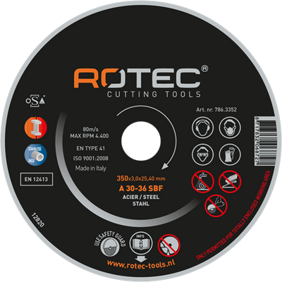 Grand disque à tronçonner Rotec pour l'acier | 350 x 3,0 x 25,40 mm 786.3502