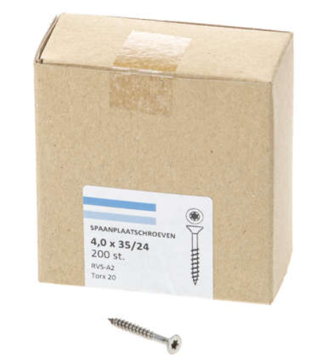 Vis pour panneaux d'aggloméré Hoenderdaal acier inoxydable-a2 tête plate filetage partiel Torx tx20 ​​​​4,0x35 24 | 200 pièces - 0206.30.25401