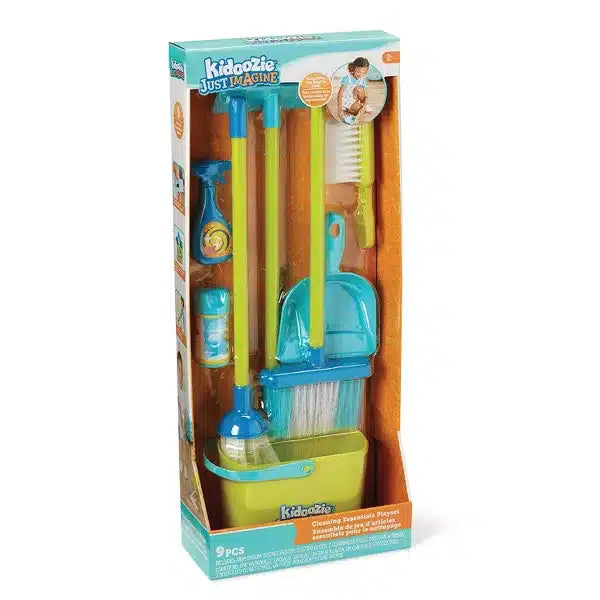 Les fournitures de nettoyage jeu, balai, vadrouille, bouteille, boîte à poussière, seau,