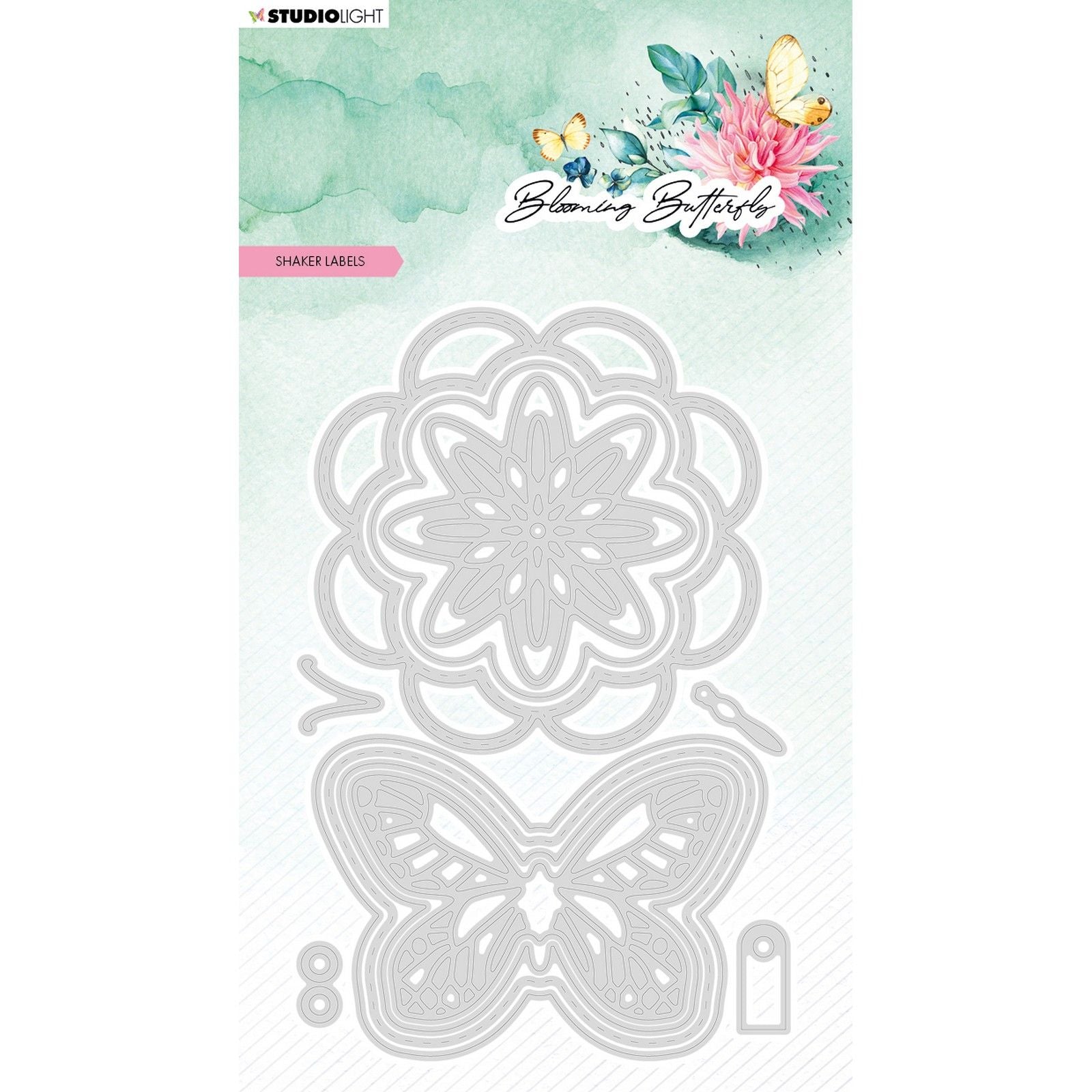 Studio Light • Matrices de découpe papillon en fleurs, étiquettes shaker