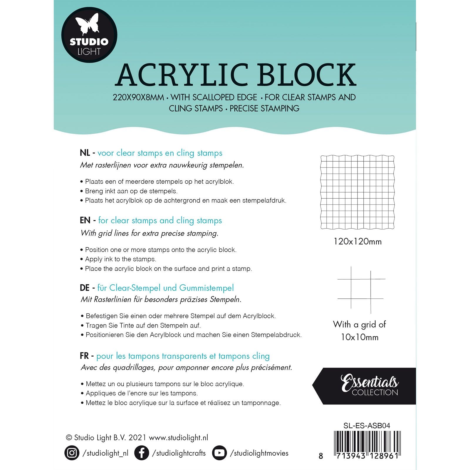 Studio light • bloc de tampons acrylique essentials pour tampons transparents et adhésifs avec grille 12x12x0,8cm n°04