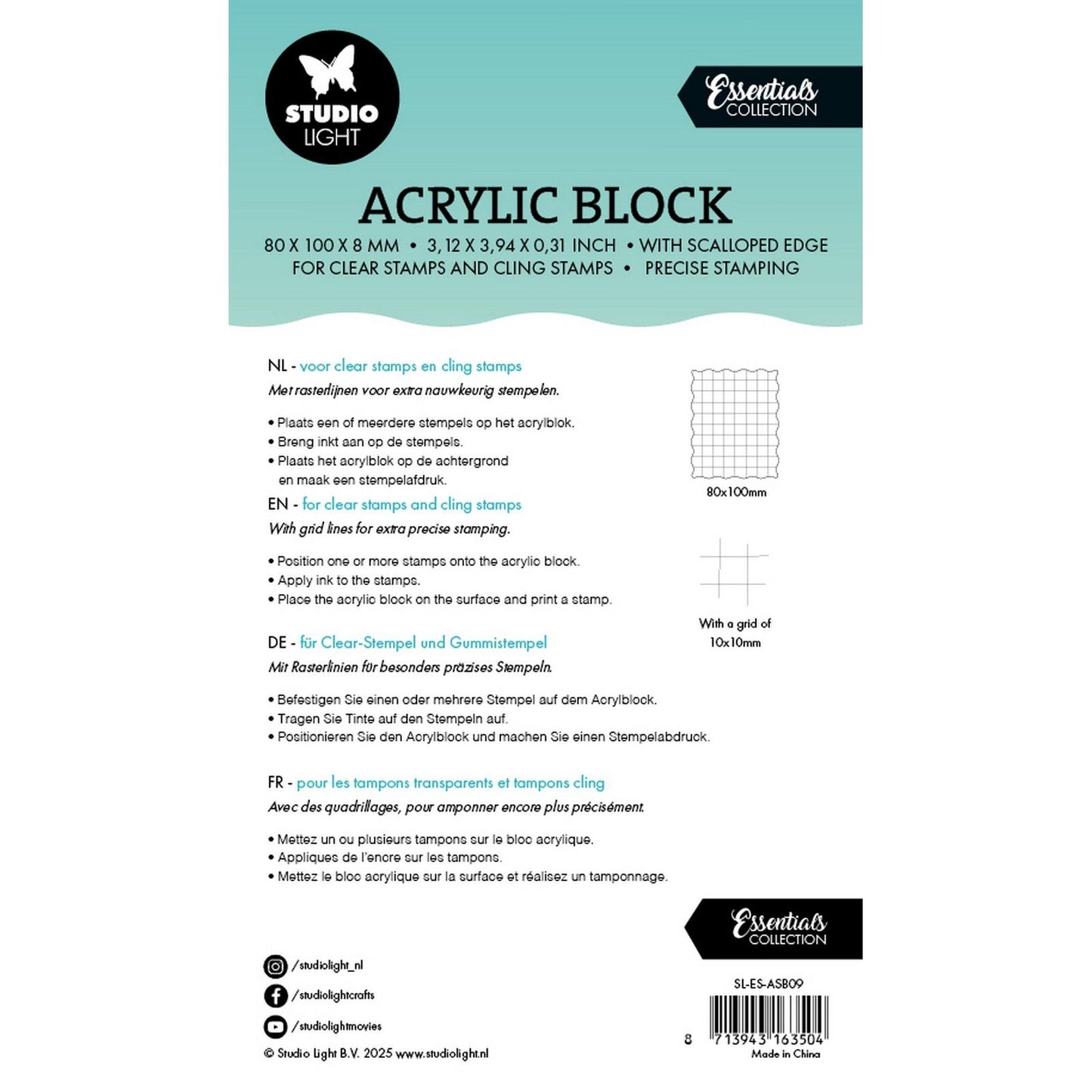 Studio Light • bloc d'estampage en acrylique essentiel pour tampons transparents et adhésifs avec grille