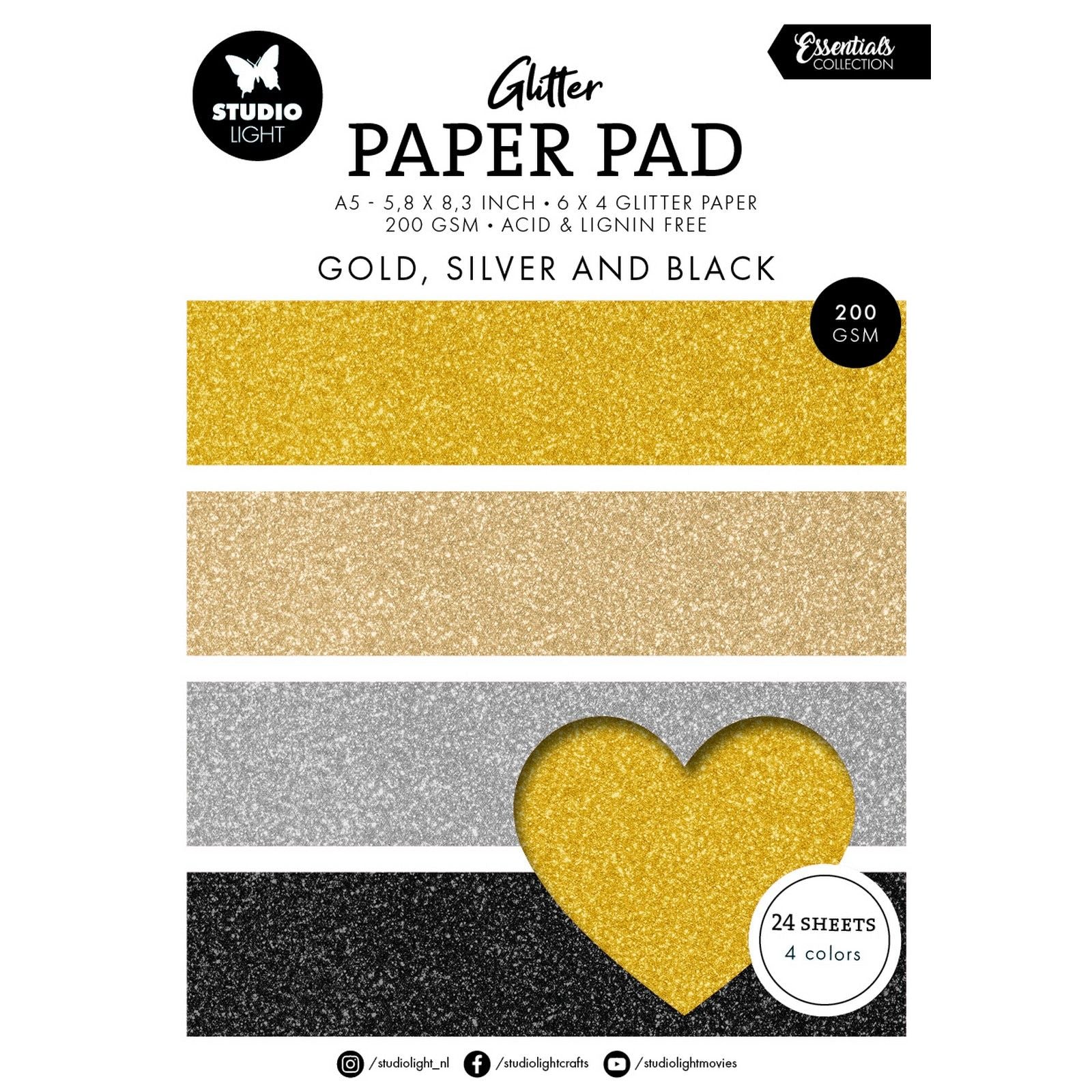 Studio Light • Bloc de papier pailleté Essentials doré, argenté et noir