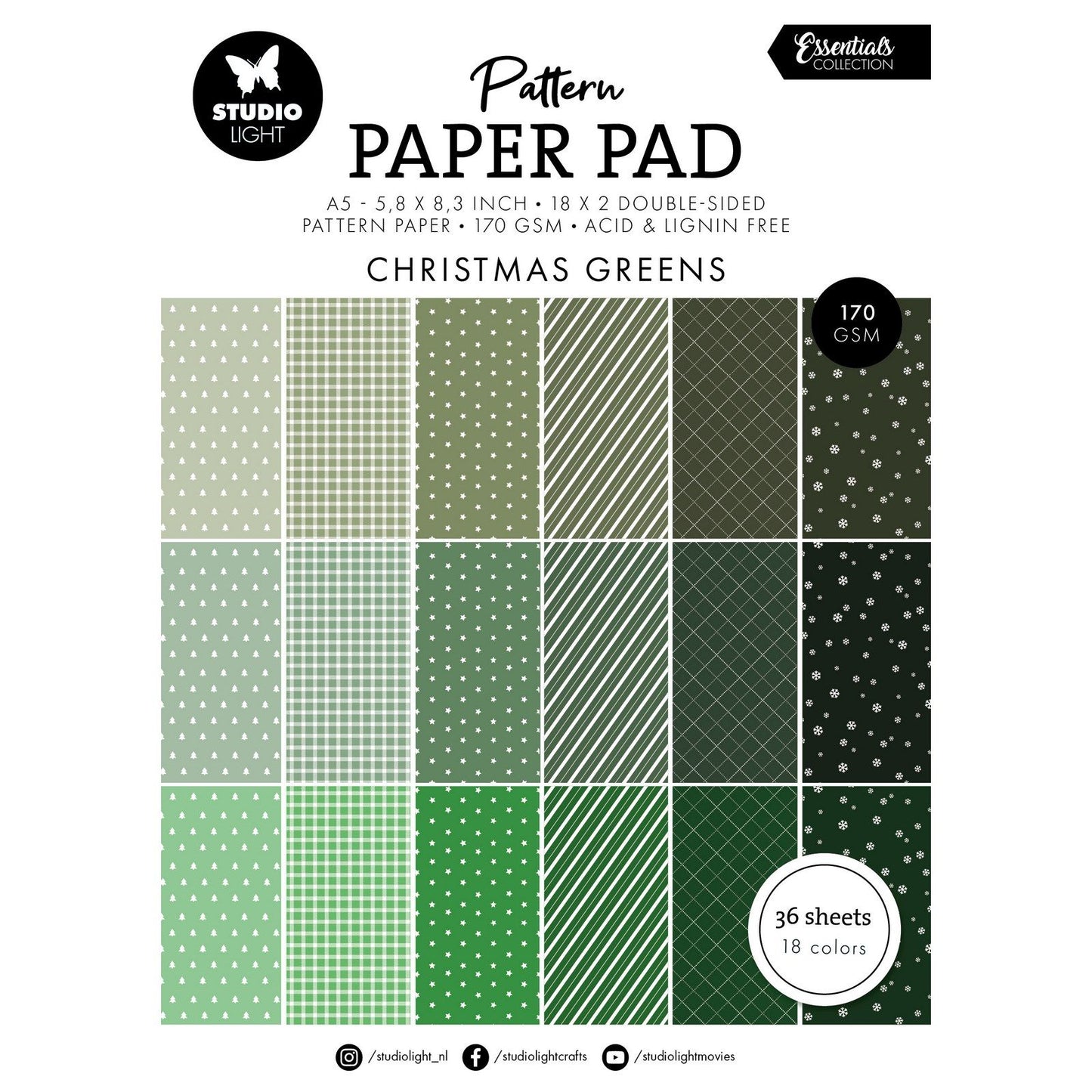 Studio Light • Bloc de papier à motifs Essentials Verts de Noël