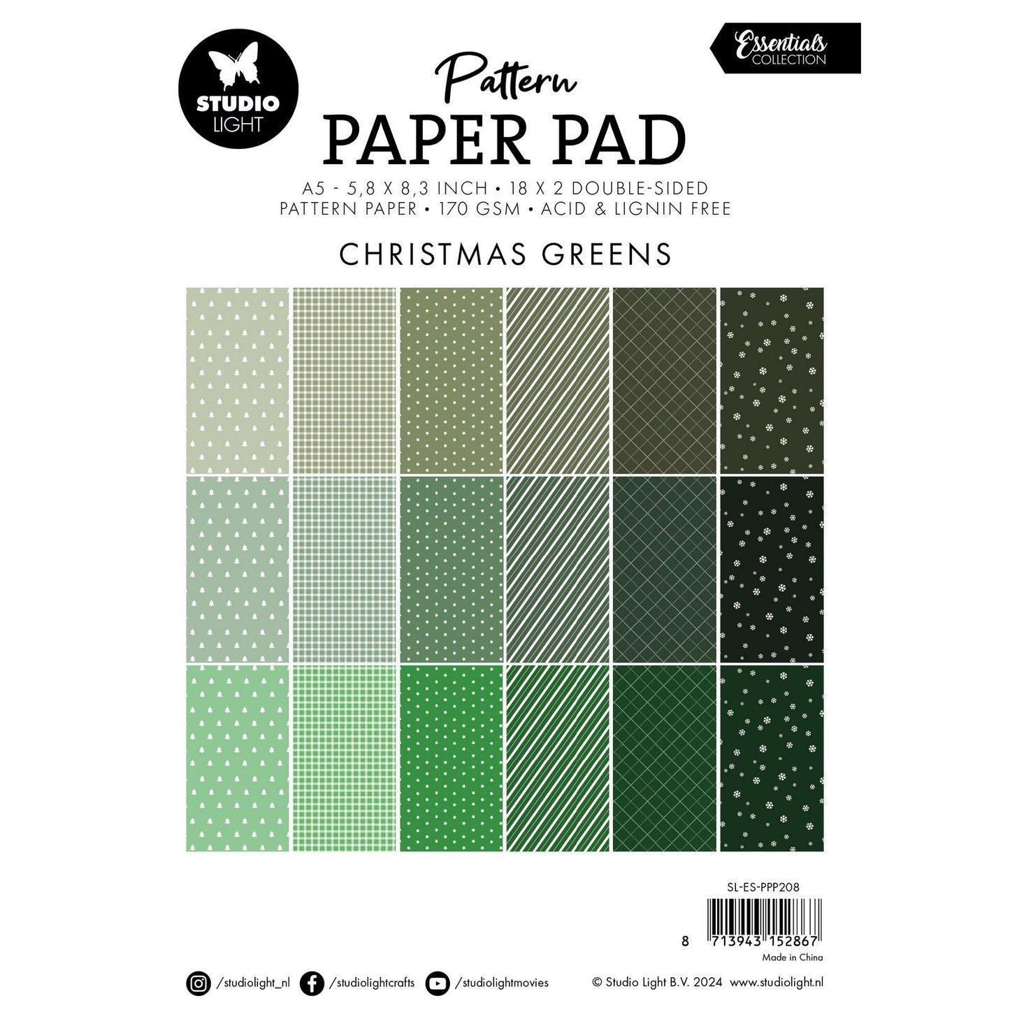 Studio Light • Bloc de papier à motifs Essentials Verts de Noël