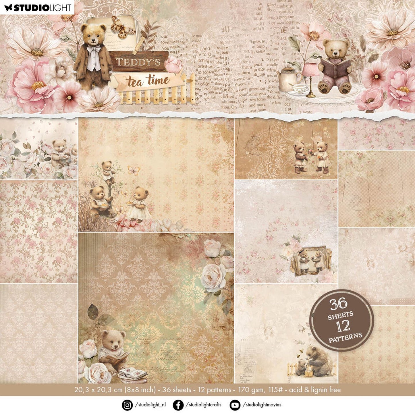 Studio Light • Bloc de papier design Teddy's Tea Time 12 motifs