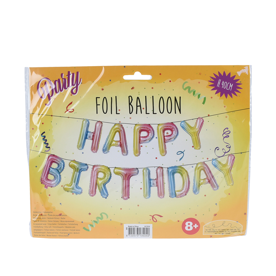 Guirlande ballon aluminium joyeux anniversaire arc-en-ciel 40cm