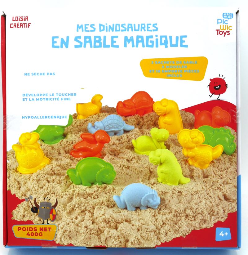 Jouez au sable pour l'intérieur avec 10 formes de dinosaures.