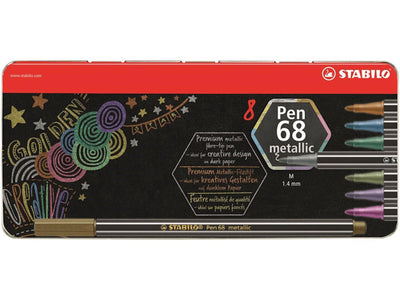 Stabilo Pen 68 Metallic Metal Box Felt -Tip stylos, 8e.