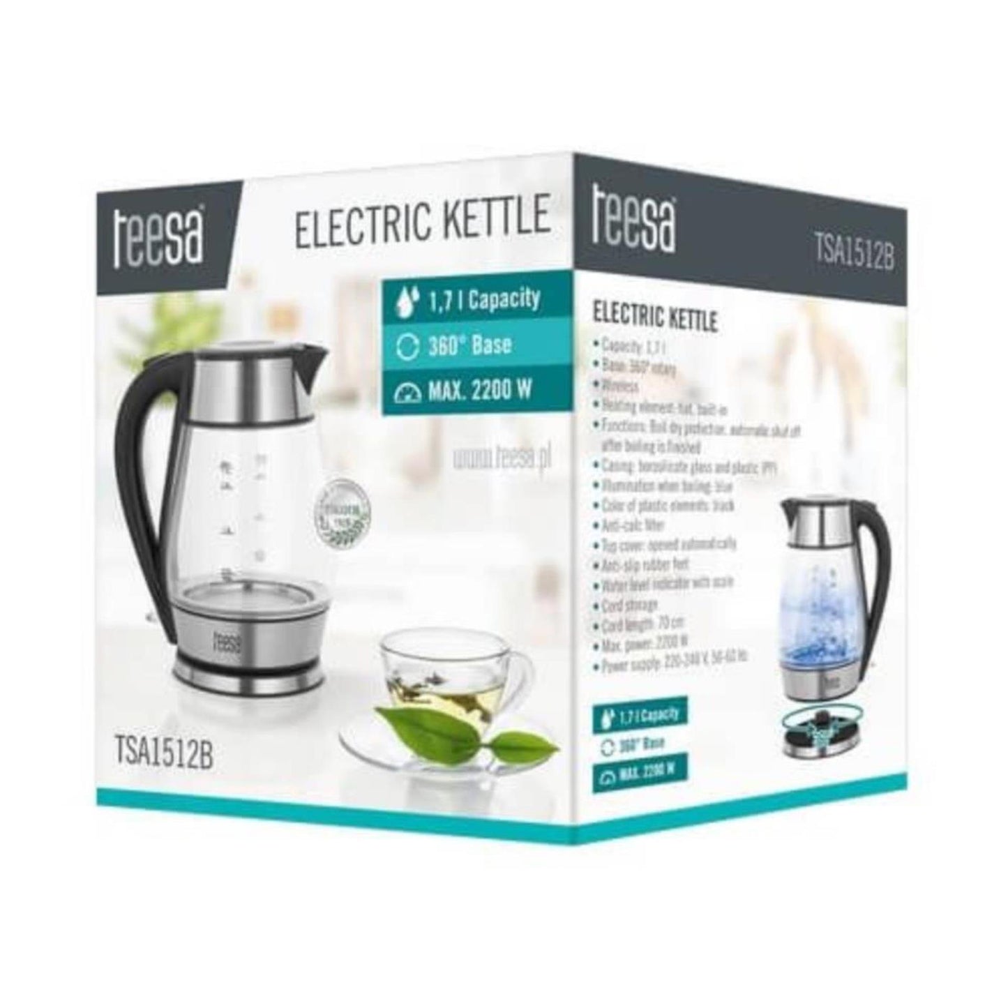 Teesa bouilloire verre acier inoxydable 1,7l noir