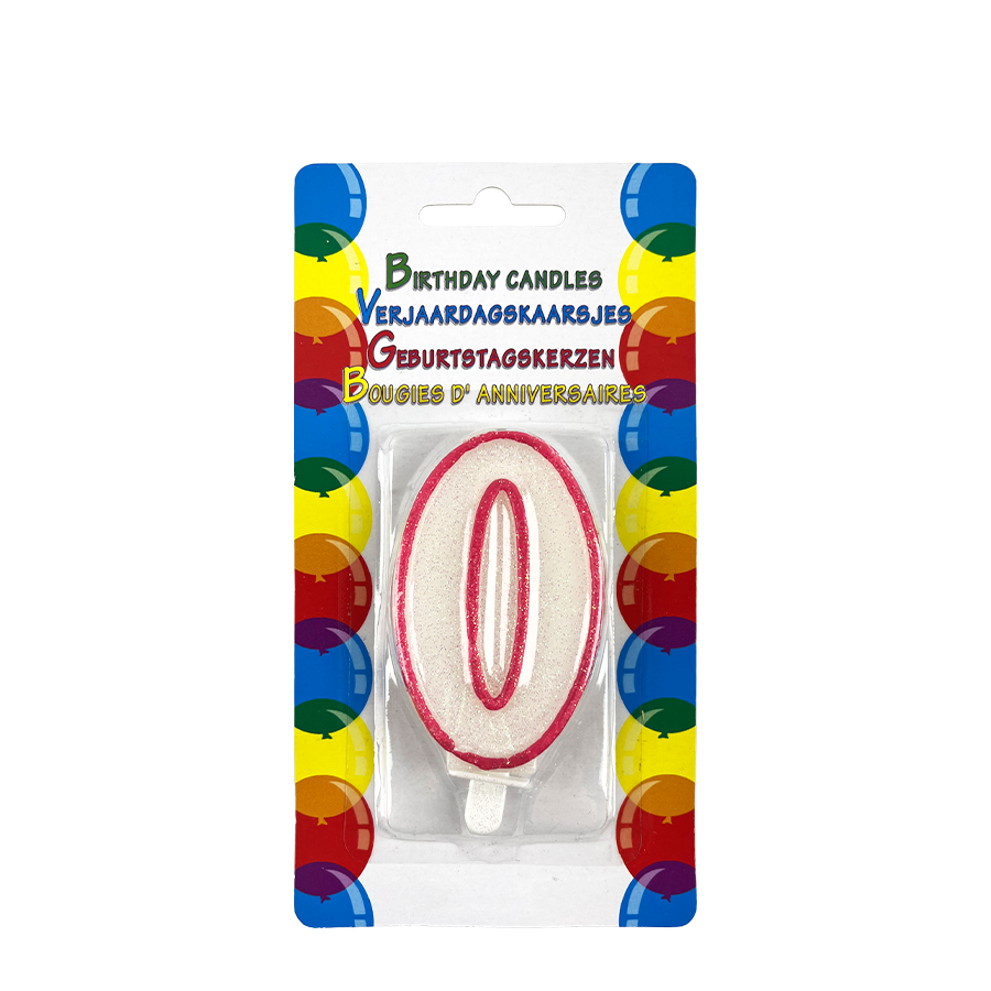 Bougie d'anniversaire pailletée avec support numéro 0 rose 8cm