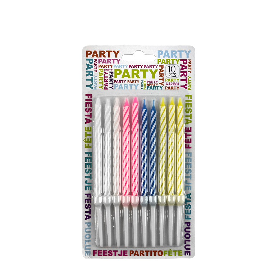 Bougies d'anniversaire multicolore à rayures blanches 10 pièces