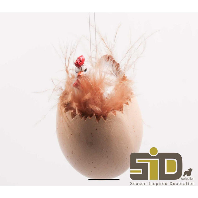 Décoration inspirée de la saison poulet sur œuf suspendu blanc 4,5x4,5x7,5cm