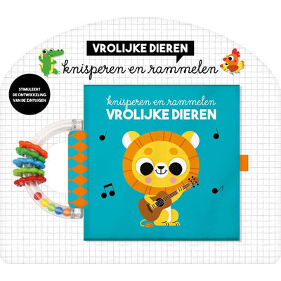 Livres d'images livre crépitant + hochet animaux heureux