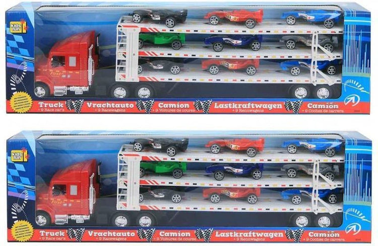 Jonotoys Grand camion avec remorque et 9 APO de voiture de course; s dessus, 58 cm de long.