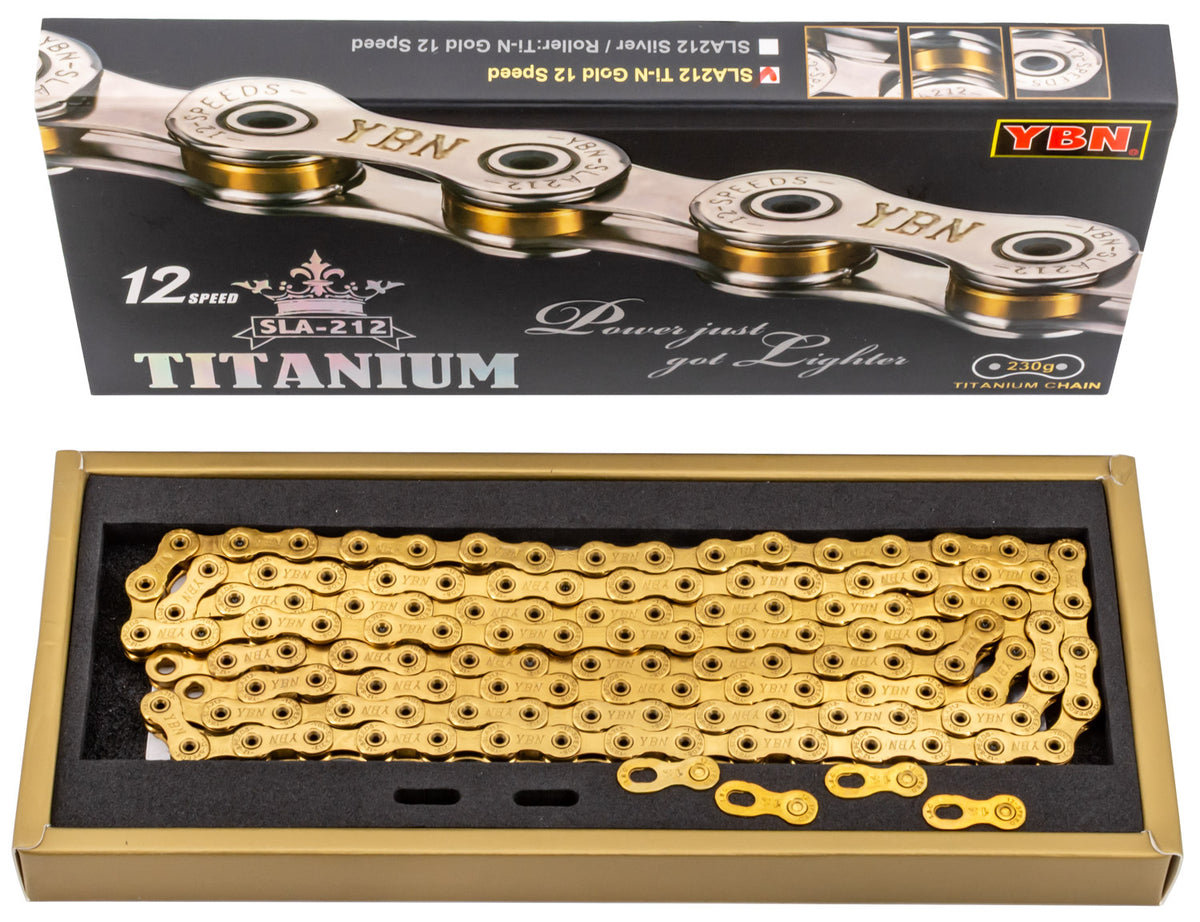 Chaîne YBN Sla 212 Ti-N Titanium 12 vitesses, goupille creuse