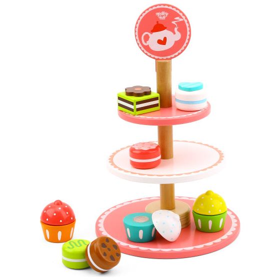 Toky jouet en bois Etagère avec pâtisserie rose blanc 12 pièces