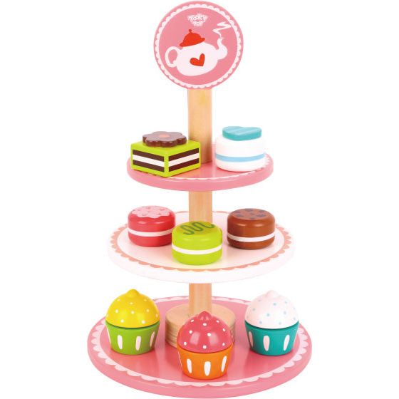 Toky jouet en bois Etagère avec pâtisserie rose blanc 12 pièces